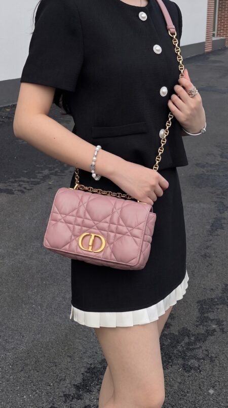 Model carrying the Rose des Vents calfskin D!0r Mini Caro Bag with gold chain strap