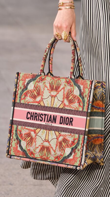 Model carrying the D!0r Large Book Tote multicolor embroidered canvas with double top handles