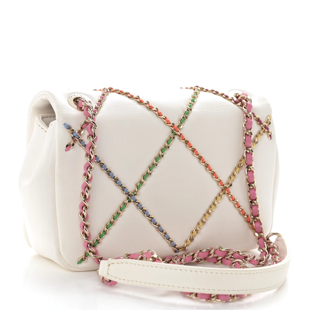 Back view of the white Ch@nel Chain Flap Small Entwined with multicoloured chain strap and gold-tone turn-lock