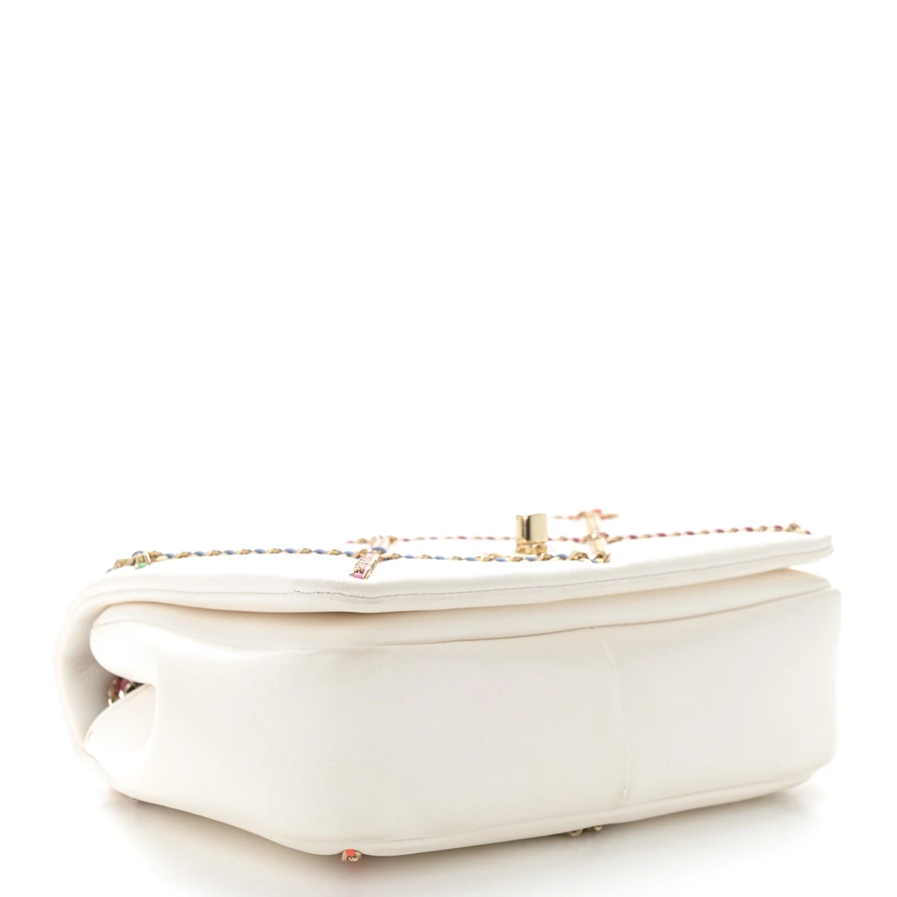 Bottom view of the white Ch@nel Chain Flap Small Entwined with multicoloured chain strap and gold-tone turn-lock