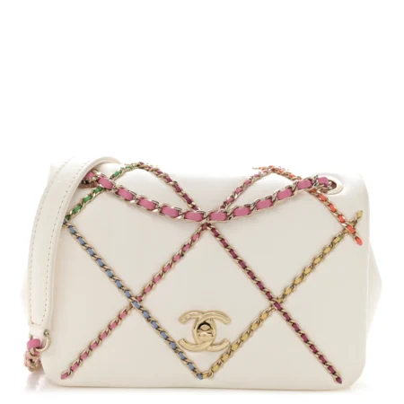 Front view of the white Ch@nel Chain Flap Small Entwined with multicoloured chain strap and gold-tone turn-lock