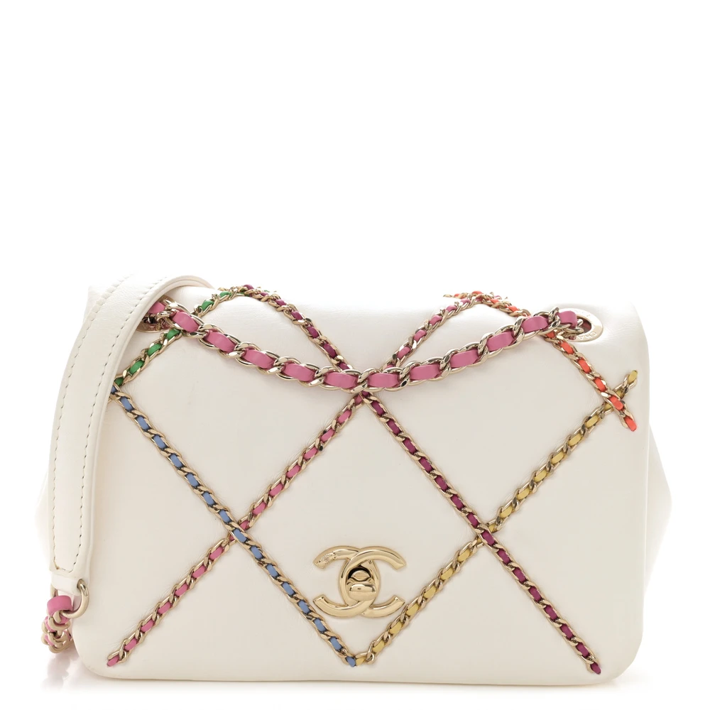 Front view of the white Ch@nel Chain Flap Small Entwined with multicoloured chain strap and gold-tone turn-lock