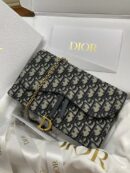 Model carrying the blue Oblique monogram D!0r Saddle Chain Long Wallet with chain strap