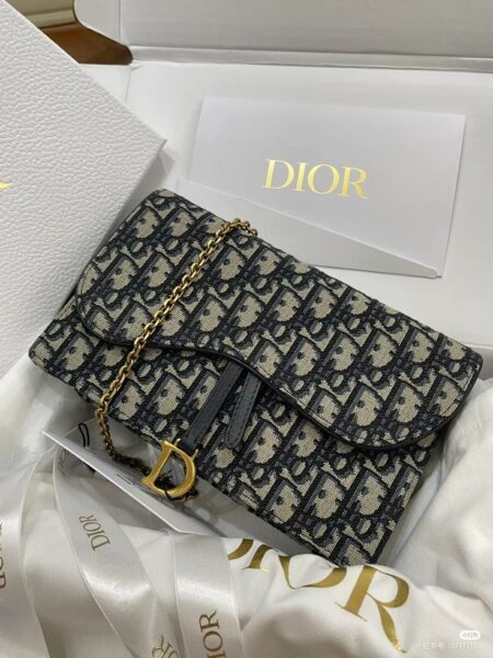 Model carrying the blue Oblique monogram D!0r Saddle Chain Long Wallet with chain strap
