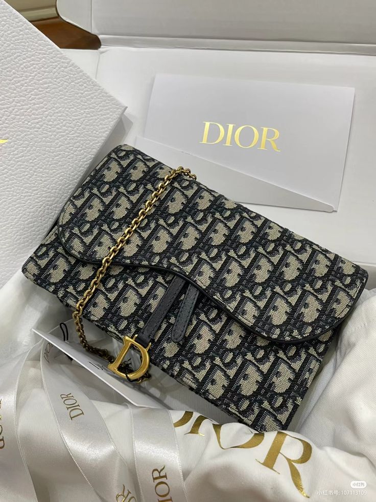 Model carrying the blue Oblique monogram D!0r Saddle Chain Long Wallet with chain strap