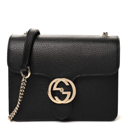 Front view of the black grained calfskin Small Interlocking G Shoulder Bag