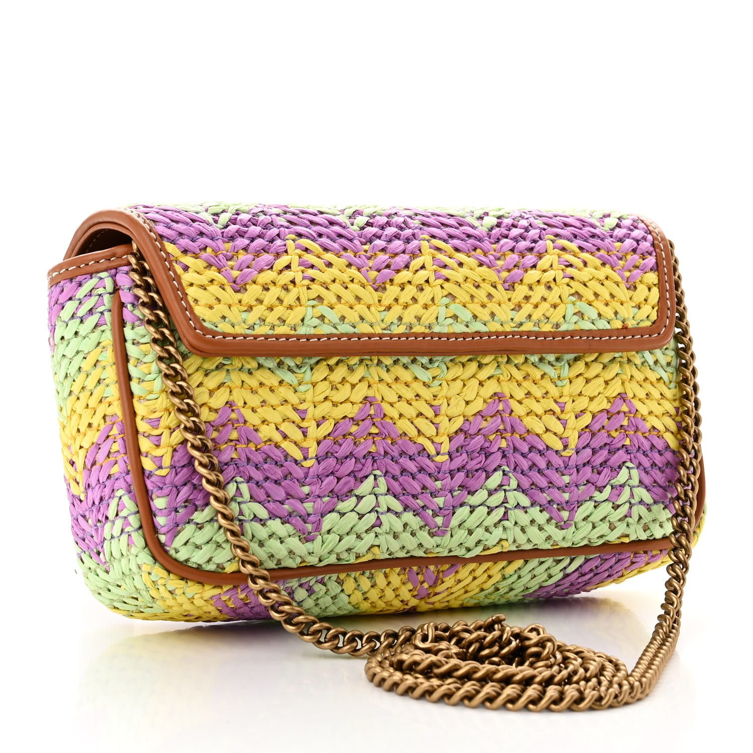 Back view of the multicolor woven raffia Super Mini GG Marmont Shoulder Bag