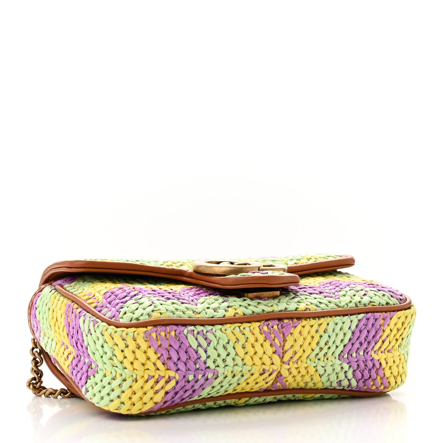 Bottom view of the multicolor woven raffia Super Mini GG Marmont Shoulder Bag