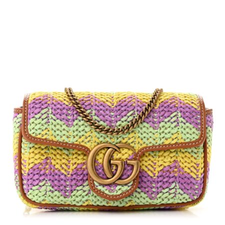 Front view of the multicolor woven raffia Super Mini GG Marmont Shoulder Bag