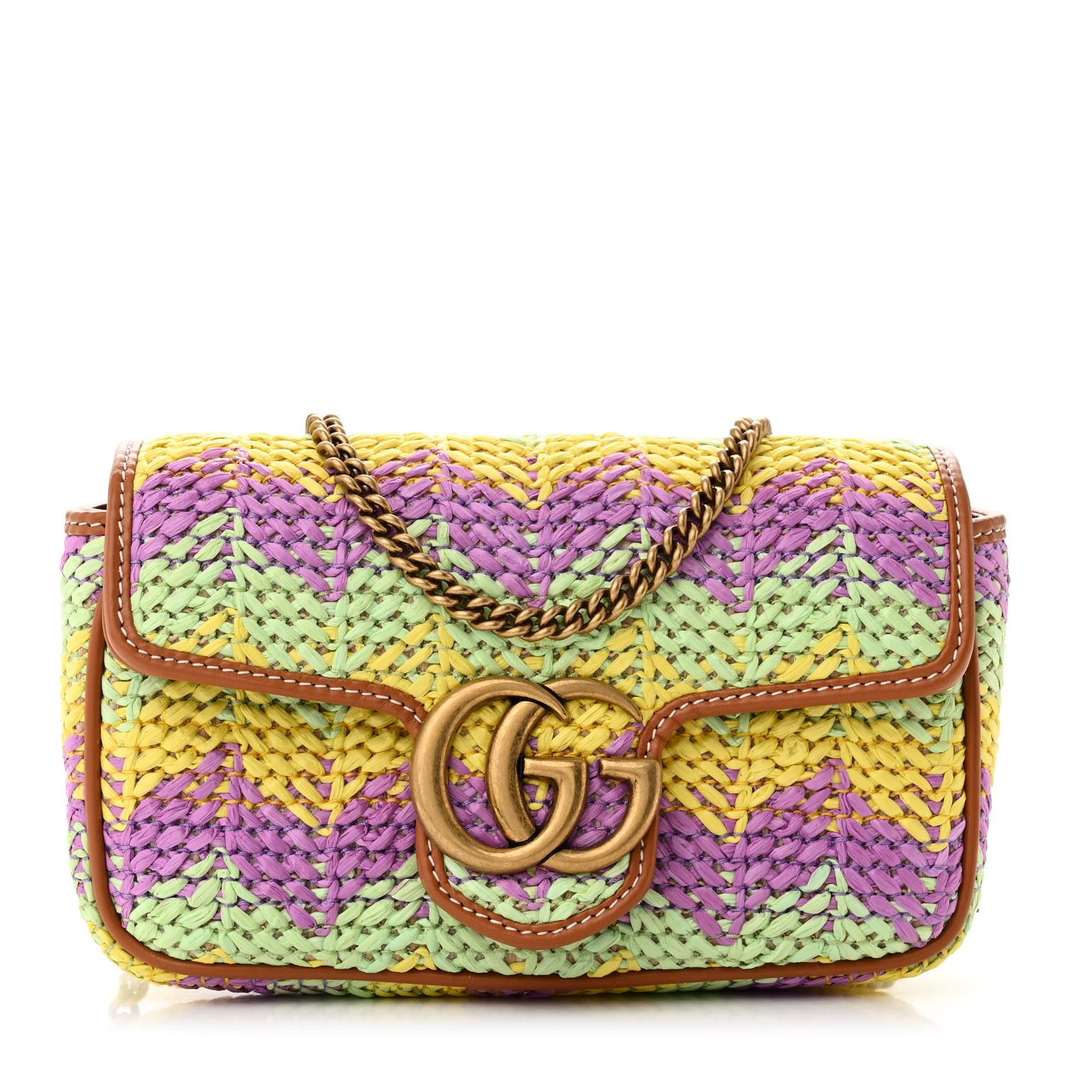 Front view of the multicolor woven raffia Super Mini GG Marmont Shoulder Bag