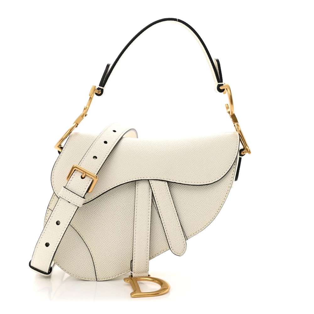 Front view of the white D!0r Saddle Bag with brass-tone accents