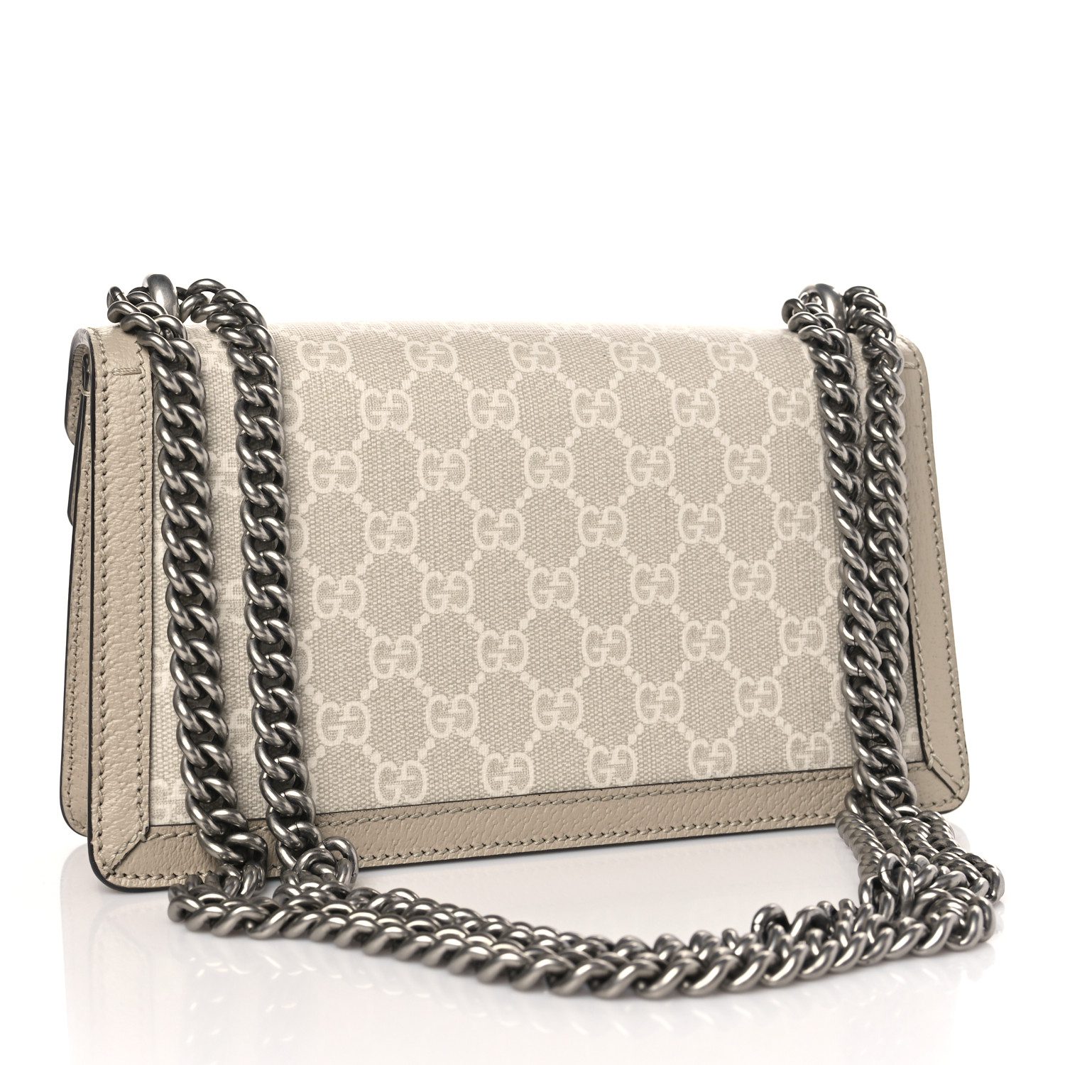 Back view of the beige and white Gucc! Dionysus Shoulder Bag with GG monogram canvas