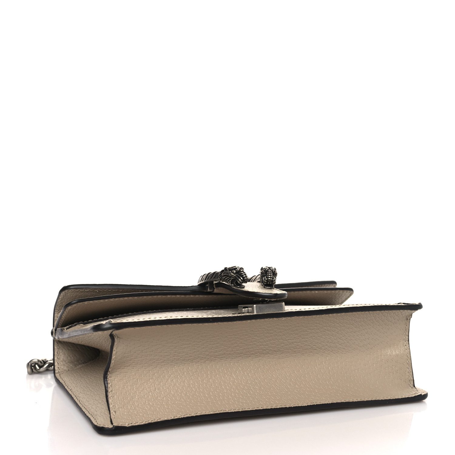 Bottom view of the beige and white Gucc! Dionysus Shoulder Bag with GG monogram canvas