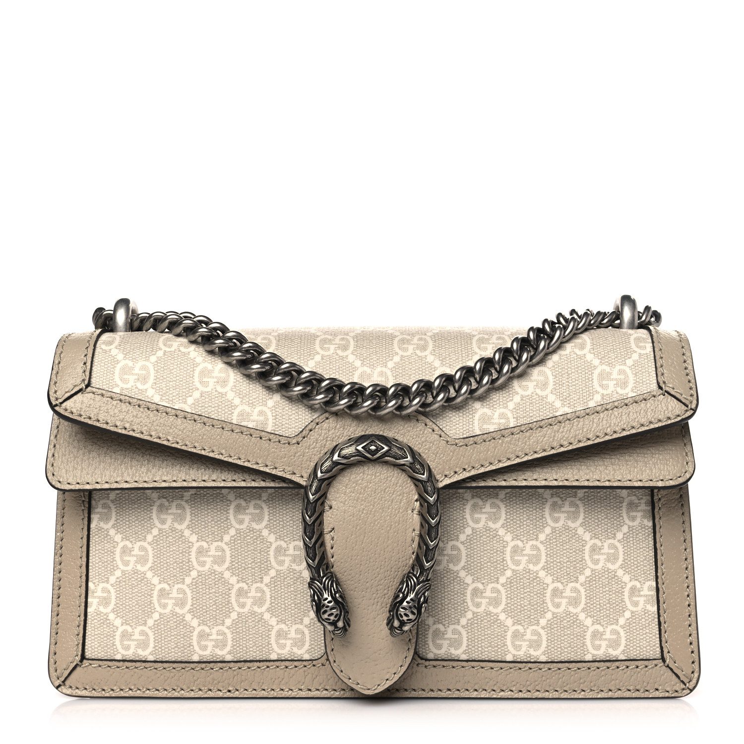 Front view of the beige and white Gucc! Dionysus Shoulder Bag with GG monogram canvas