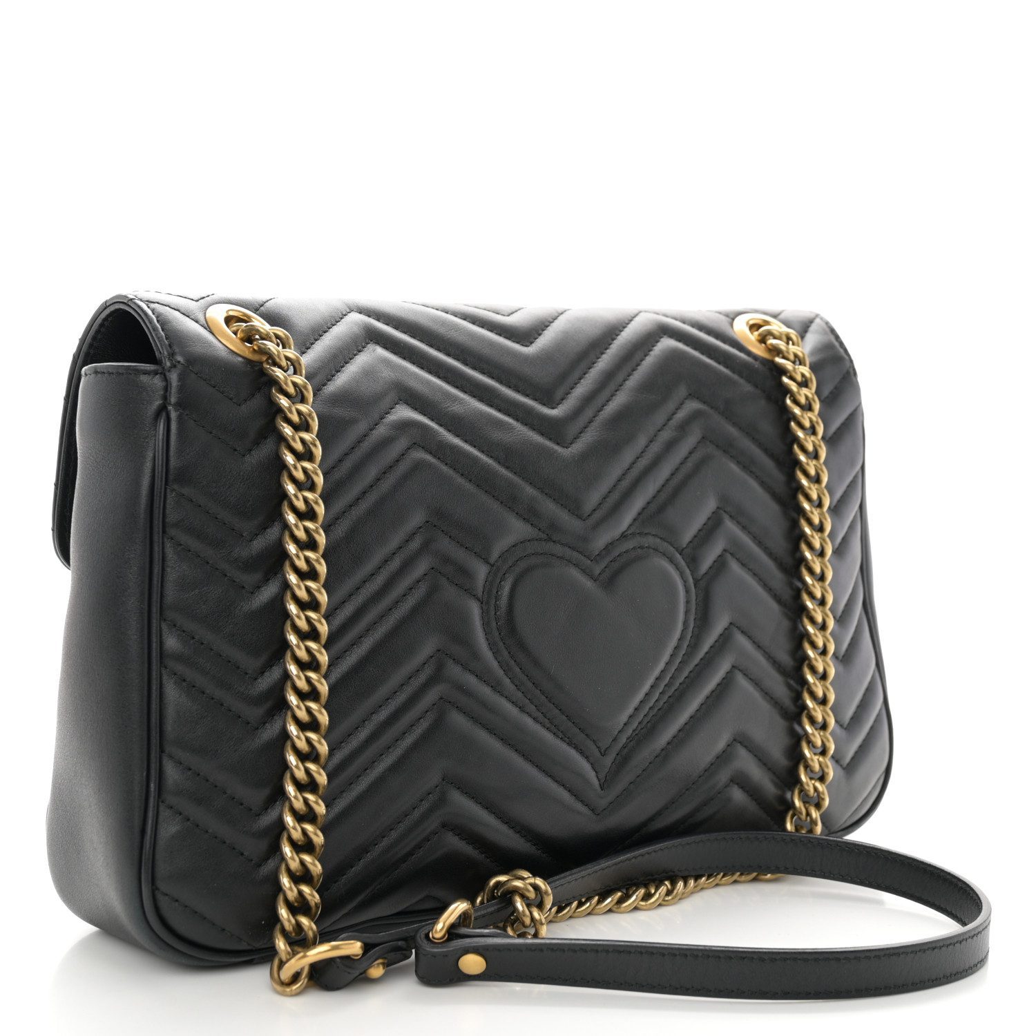 Back view of the black calfskin Gucc! Medium GG Marmont Shoulder Bag with iconic chevron quilting