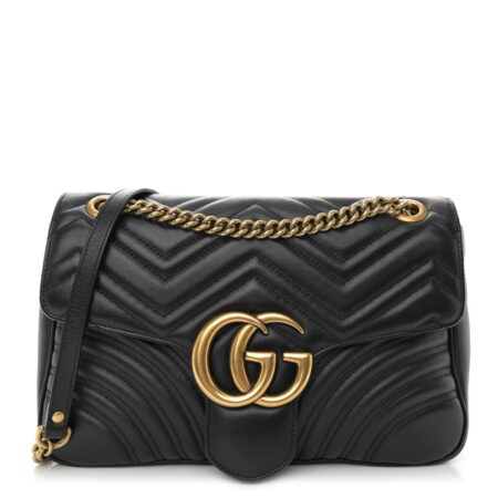Front view of the black calfskin Gucc! Medium GG Marmont Shoulder Bag with iconic chevron quilting