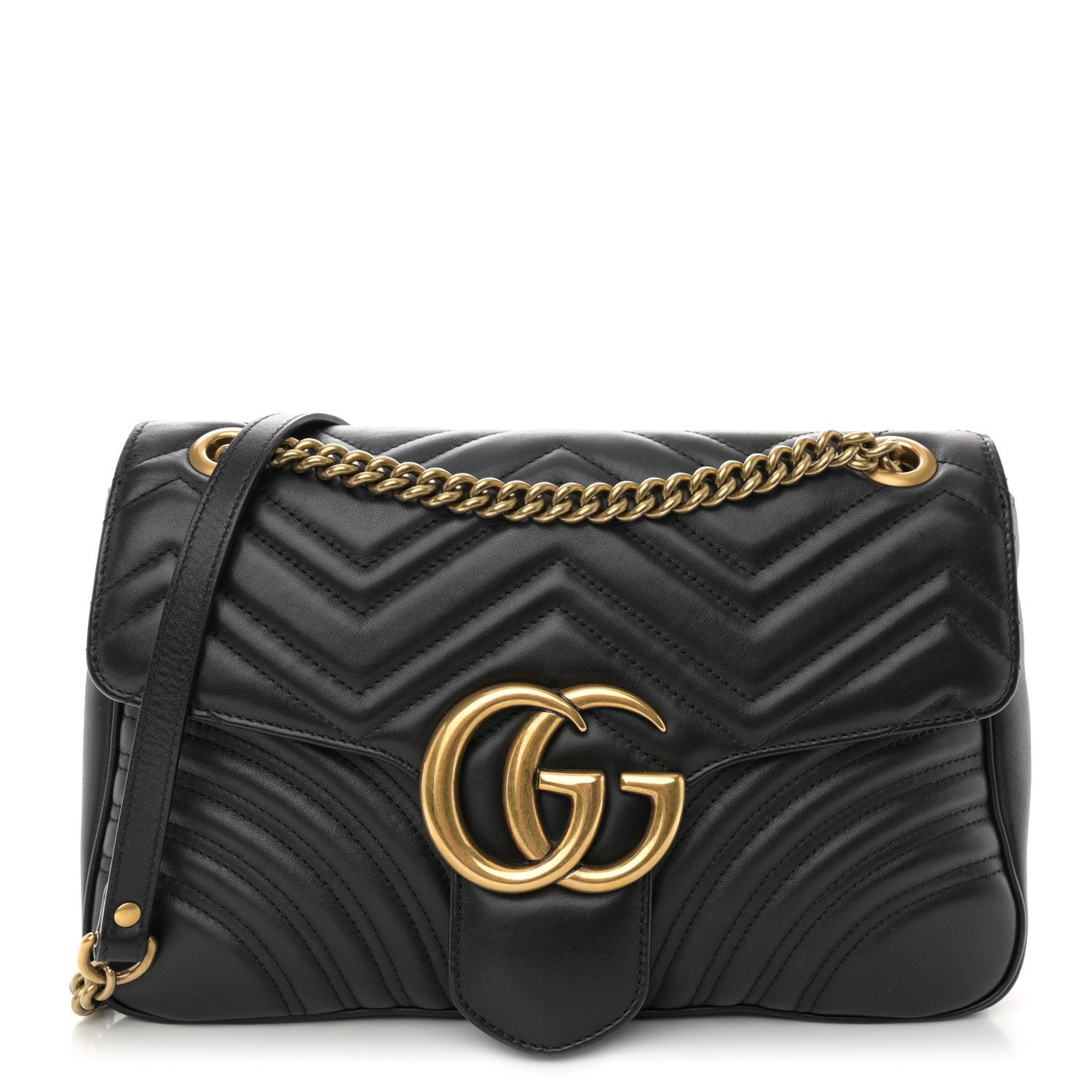 Front view of the black calfskin Gucc! Medium GG Marmont Shoulder Bag with iconic chevron quilting