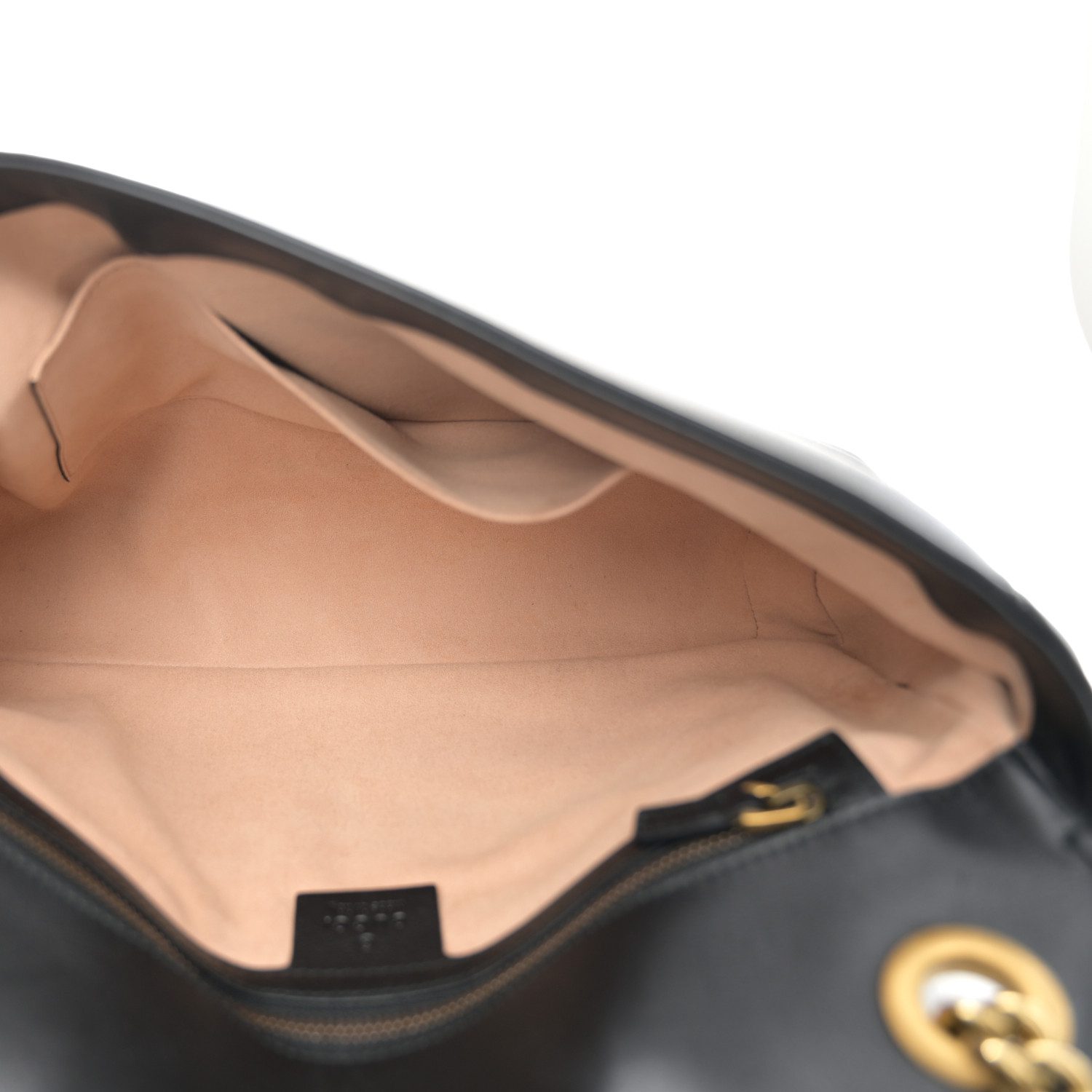 Interior view of the black calfskin Gucc! Medium GG Marmont Shoulder Bag with organised compartments