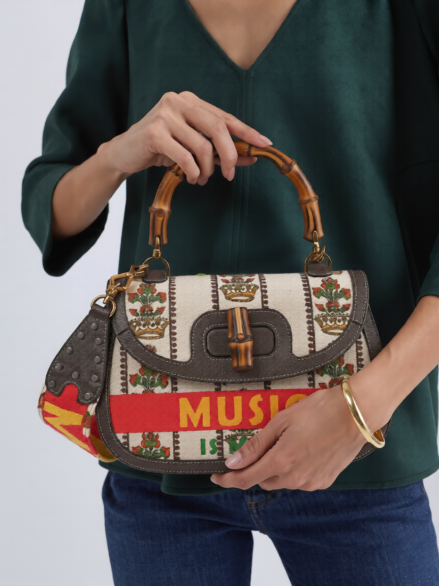 Model carrying the multicolor Bamboo 1947 Medium Top Handle Bag by its bamboo handle