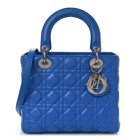 Front view of the horizon blue D!0r Medium Lady Bag with Cannage quilting