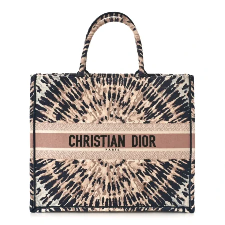 Front View of D!0r Large Book Tote in multicolour tie-dye embroidered canvas