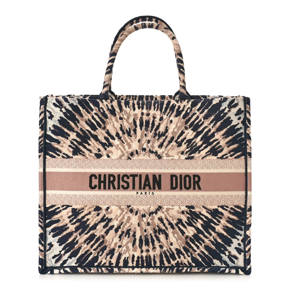 Front View of D!0r Large Book Tote in multicolour tie-dye embroidered canvas