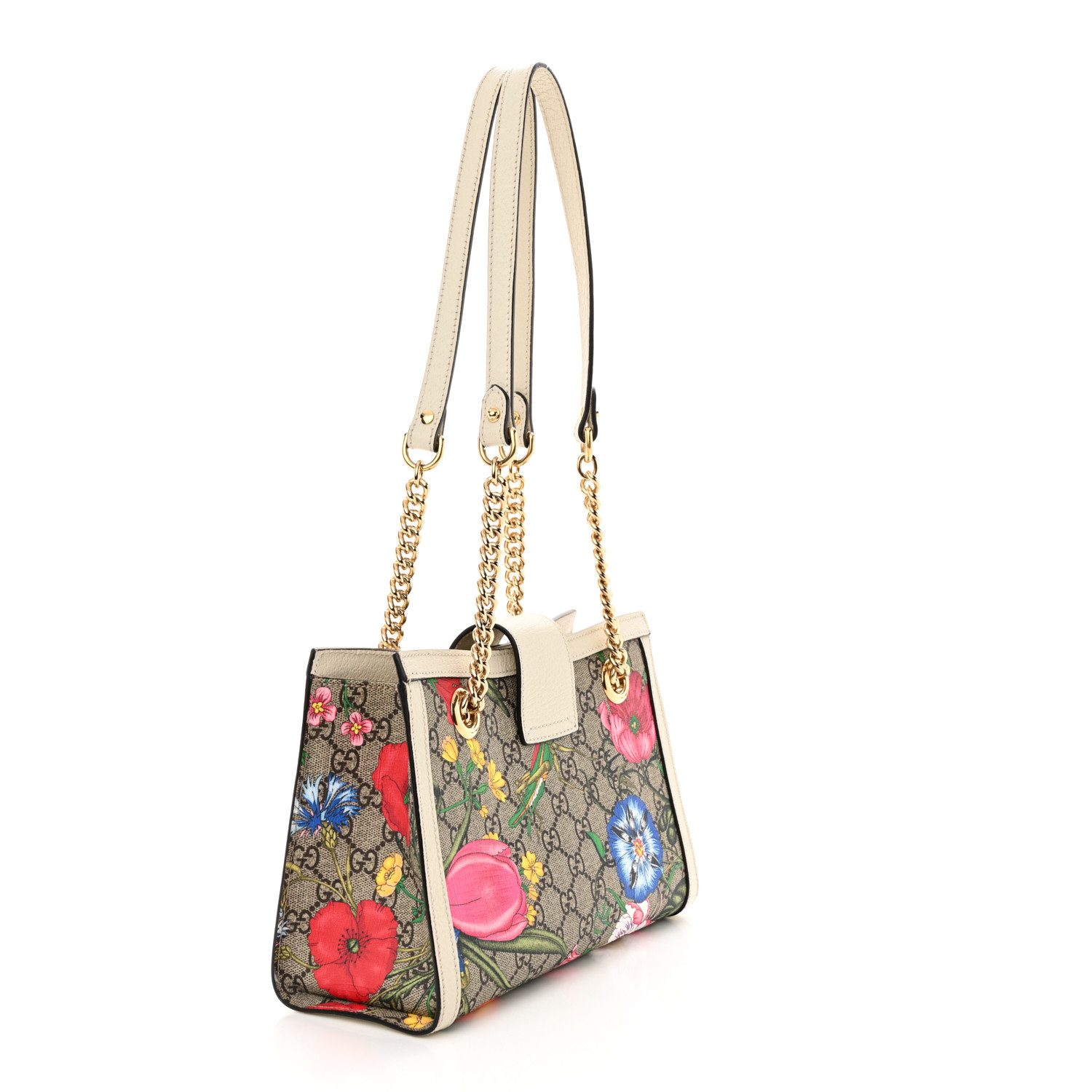 Back view of the beige and ebony Gucc! Flora Padlock Tote