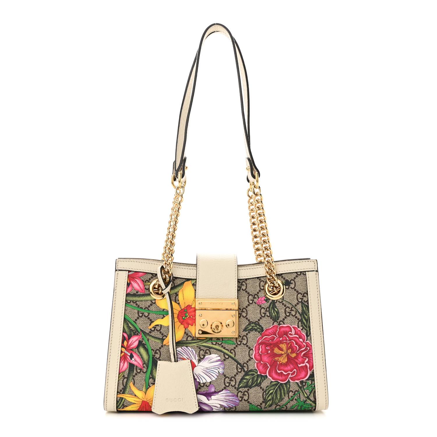 Front view of the beige and ebony Gucc! Flora Padlock Tote with multicolour floral detailing