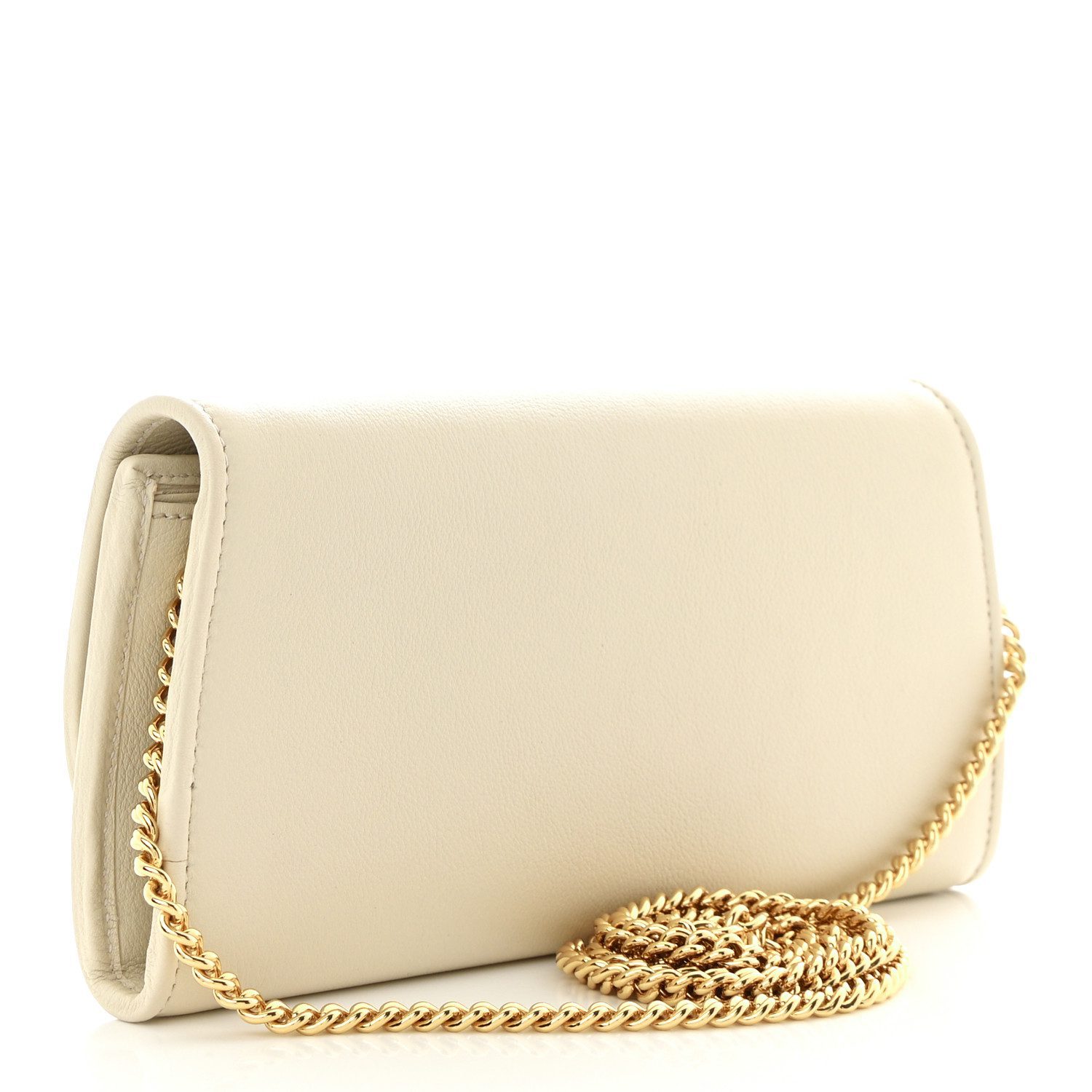Back view of the Mystic White Gucc! Blondie Chain Wallet with gold-tone interlocking GG logo