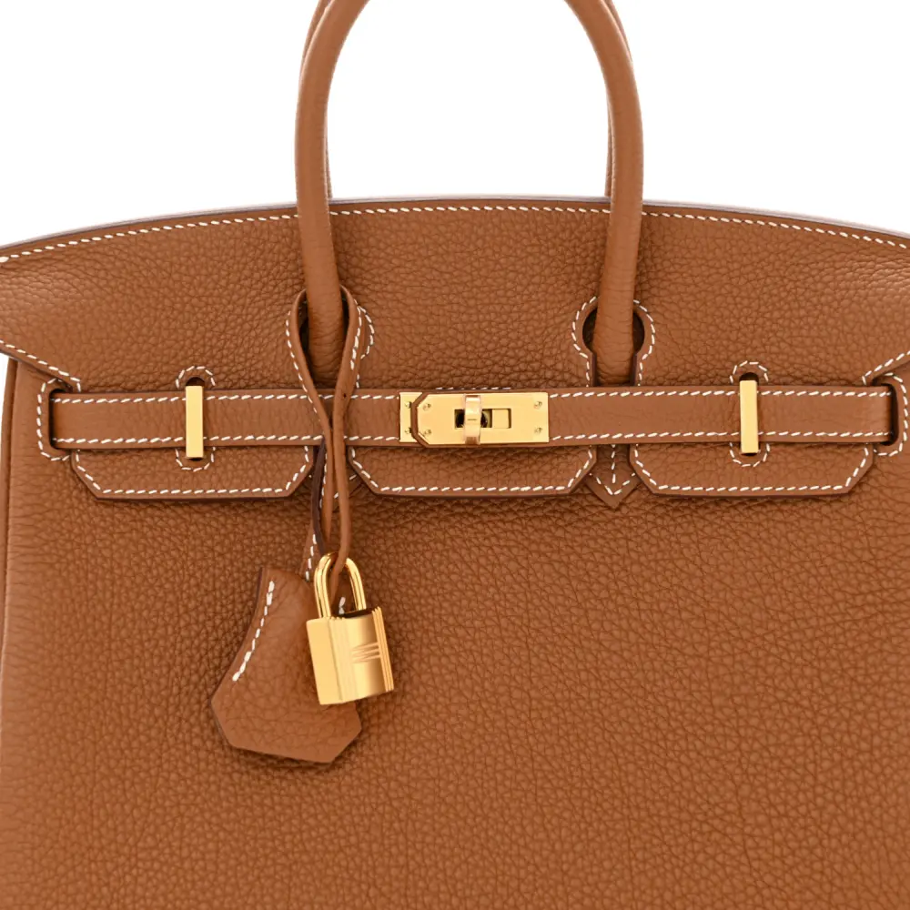 Close-up of the natural grain texture of Brown Togo calfskin leather on the Birkin 25