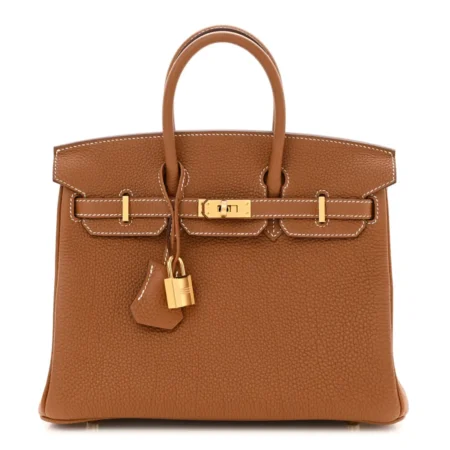 Front view of the Brown Togo Herme$ Birkin 25 showing its structured base