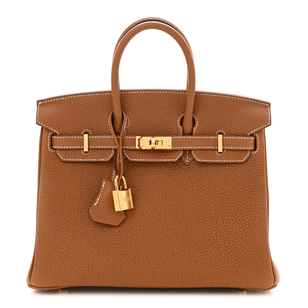 Front view of the Brown Togo Herme$ Birkin 25 showing its structured base