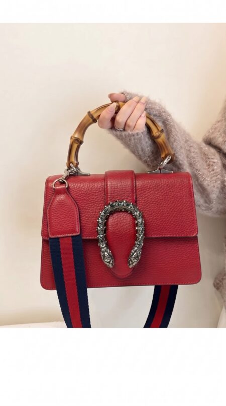 Model carrying the hibiscus red grained calfskin Mini Dionysus top handle bag
