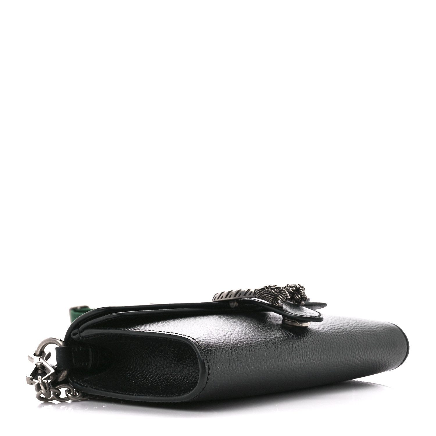 Bottom view of the black Gucc! Small Dionysus Crossbody Bag showing its structured base