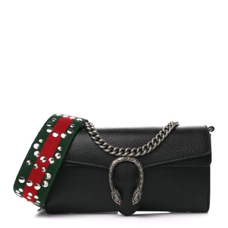 Front view of the black Gucc! Small Dionysus Crossbody Bag with silver chain strap