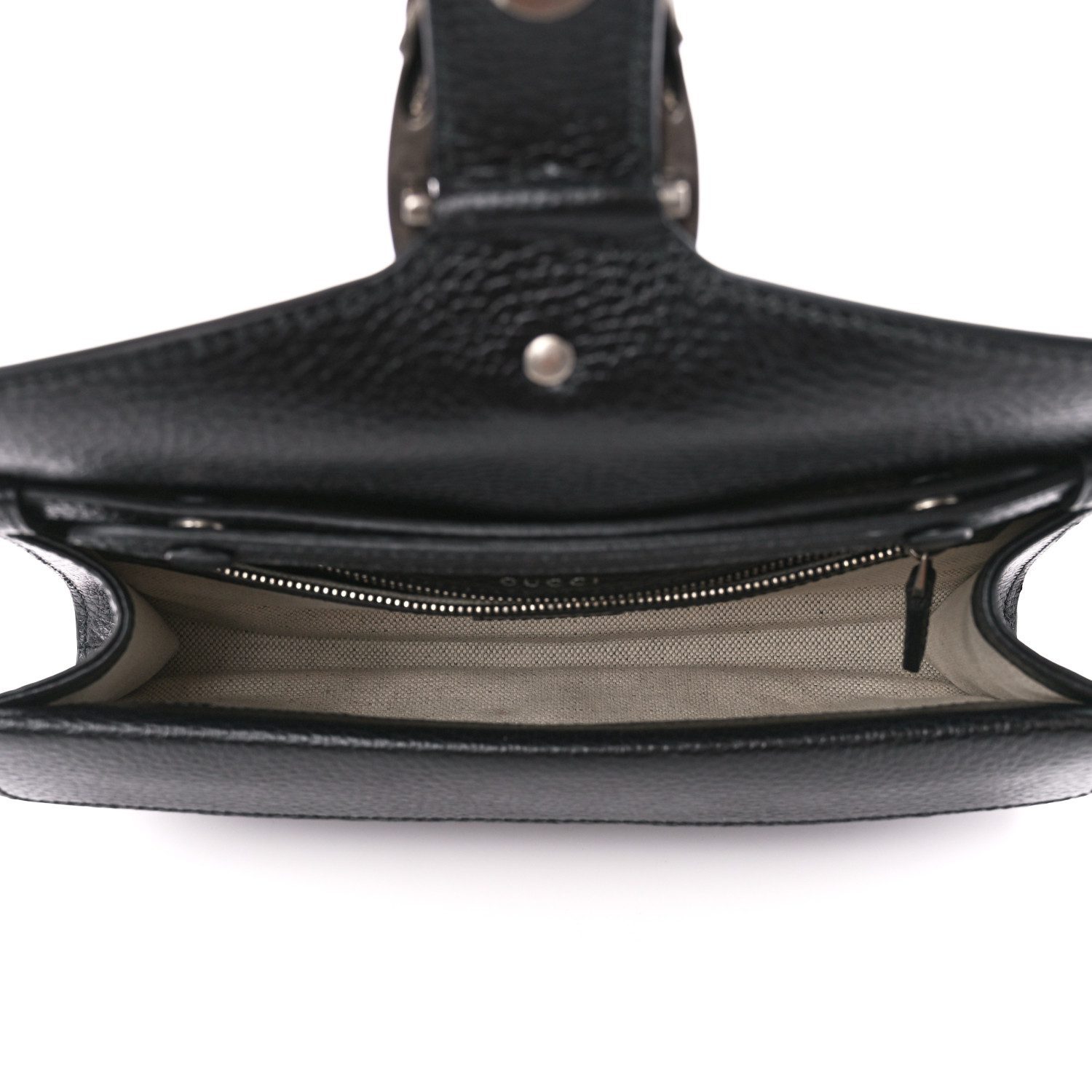 Interior view of the black Gucc! Small Dionysus Crossbody Bag showing its spacious compartment and pockets