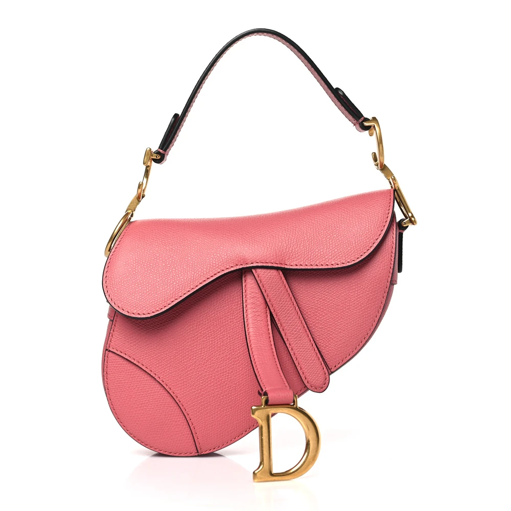 Front view of the pink grained calfskin D!0r Mini Saddle Bag with iconic curved Saddle silhouette