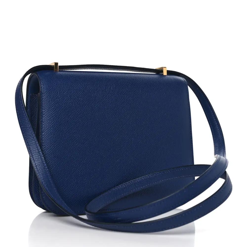 Back view of the Bleu Saphir Herme$ Epsom Constance 18 shoulder bag