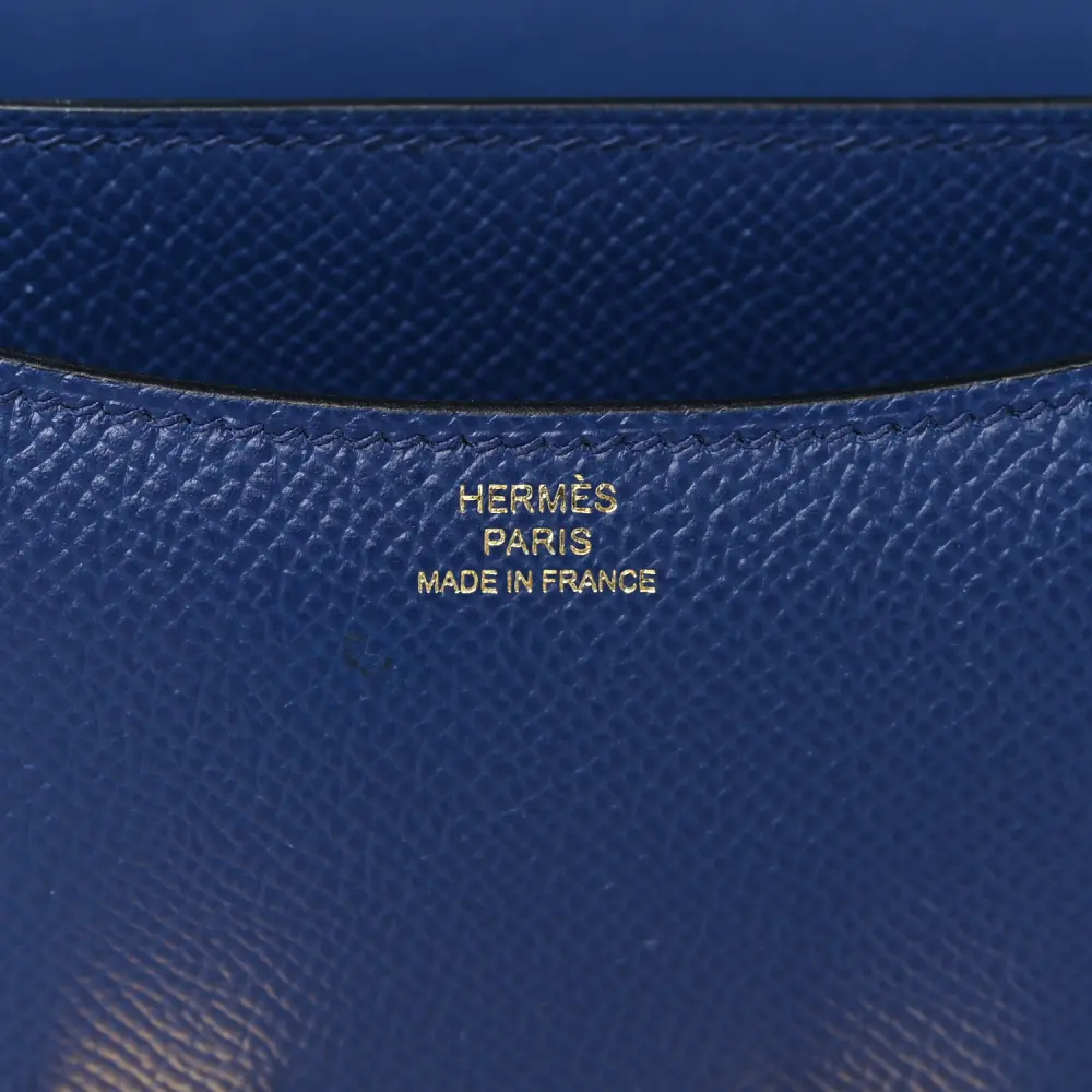 Close-up of the H closure and refined hardware on the Bleu Saphir Epsom Constance 18