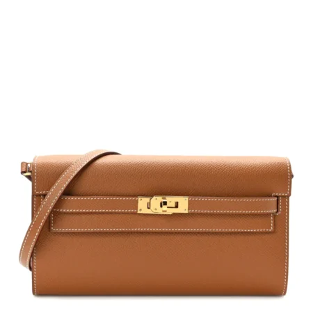 Front view of the brown Epsom leather Herme$ Kelly Long Wallet To Go