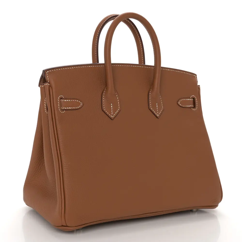 Back view of the Brown Togo Herme$ Birkin 25 with rolled leather handles and front flap
