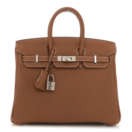 Front view of the Brown Togo Herme$ Birkin 25 with rolled leather handles and front flap