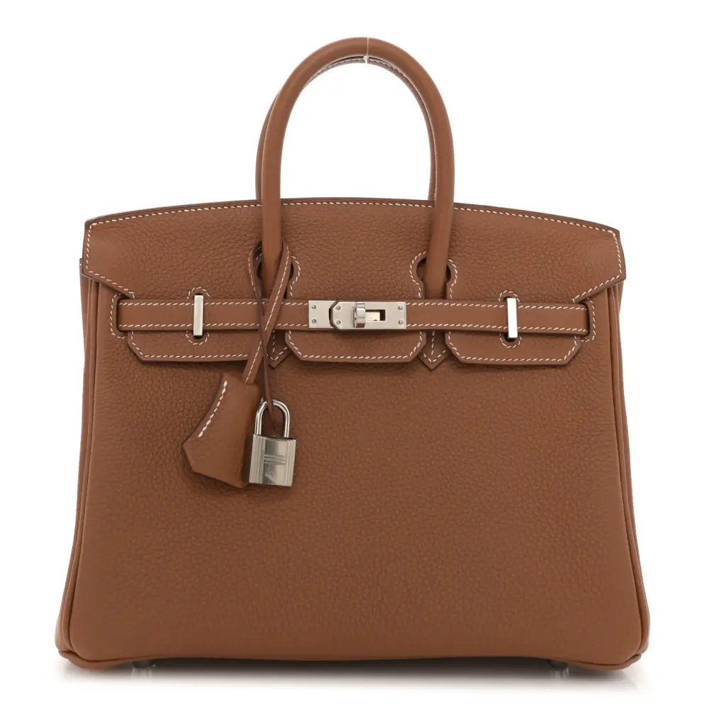 Front view of the Brown Togo Herme$ Birkin 25 with rolled leather handles and front flap