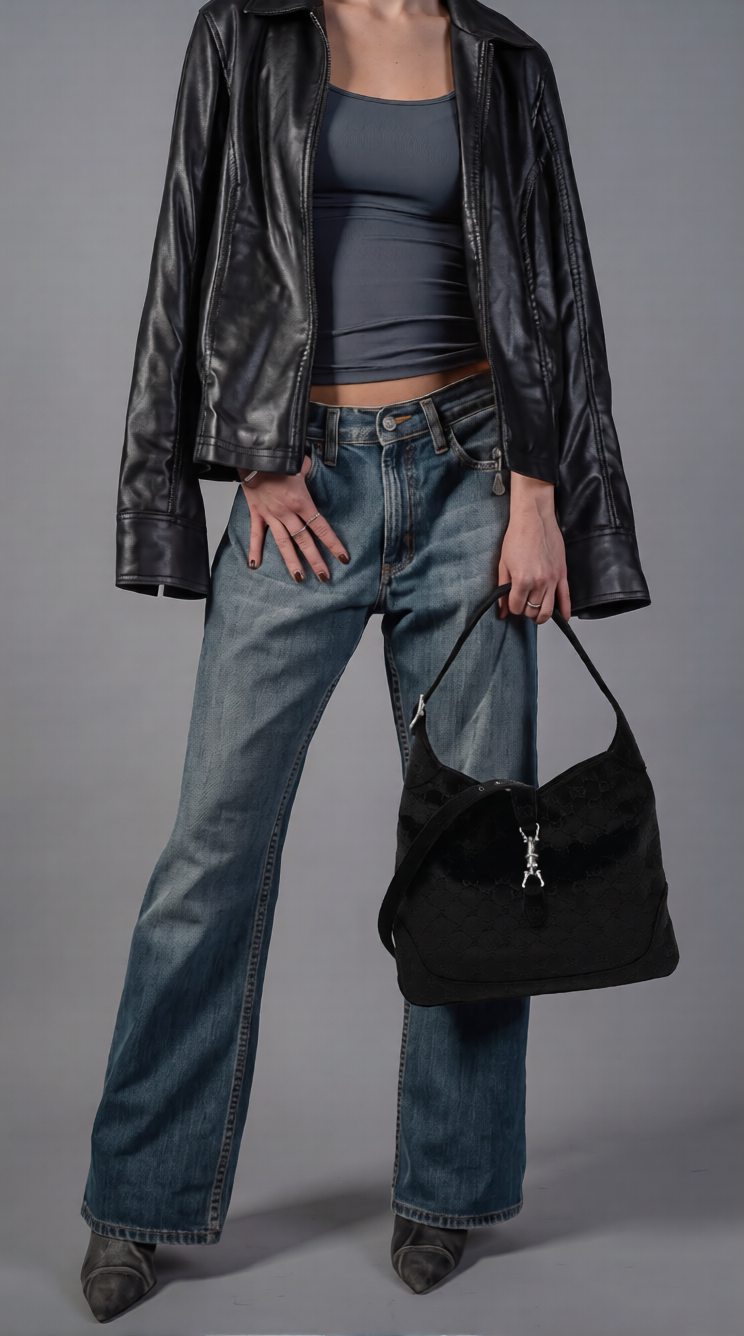 Model carrying the black velvet Small Jackie 1961 Hobo with GG monogram