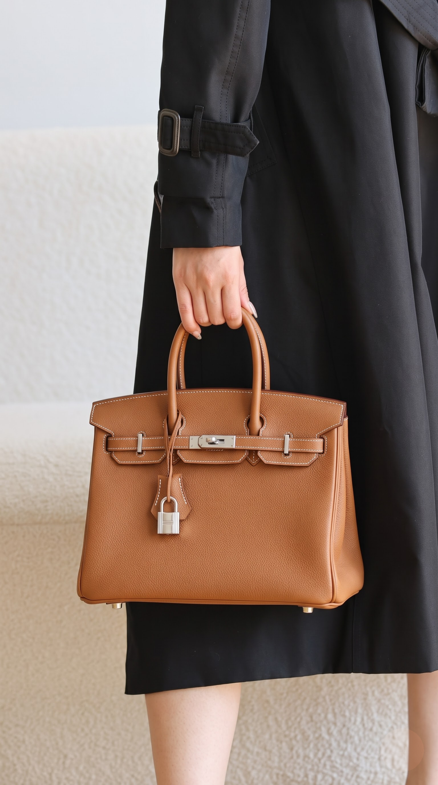 Model carrying the brown Epsom leather Herme$ Birkin Sellier 25