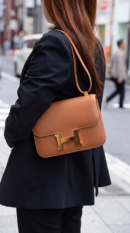 Model carrying the brown Epsom leather Herme$ Constance 18 shoulder bag