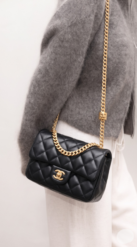 Model carrying the black Ch@nel Small Pillow Crush Flap with gold-tone chain shoulder strap
