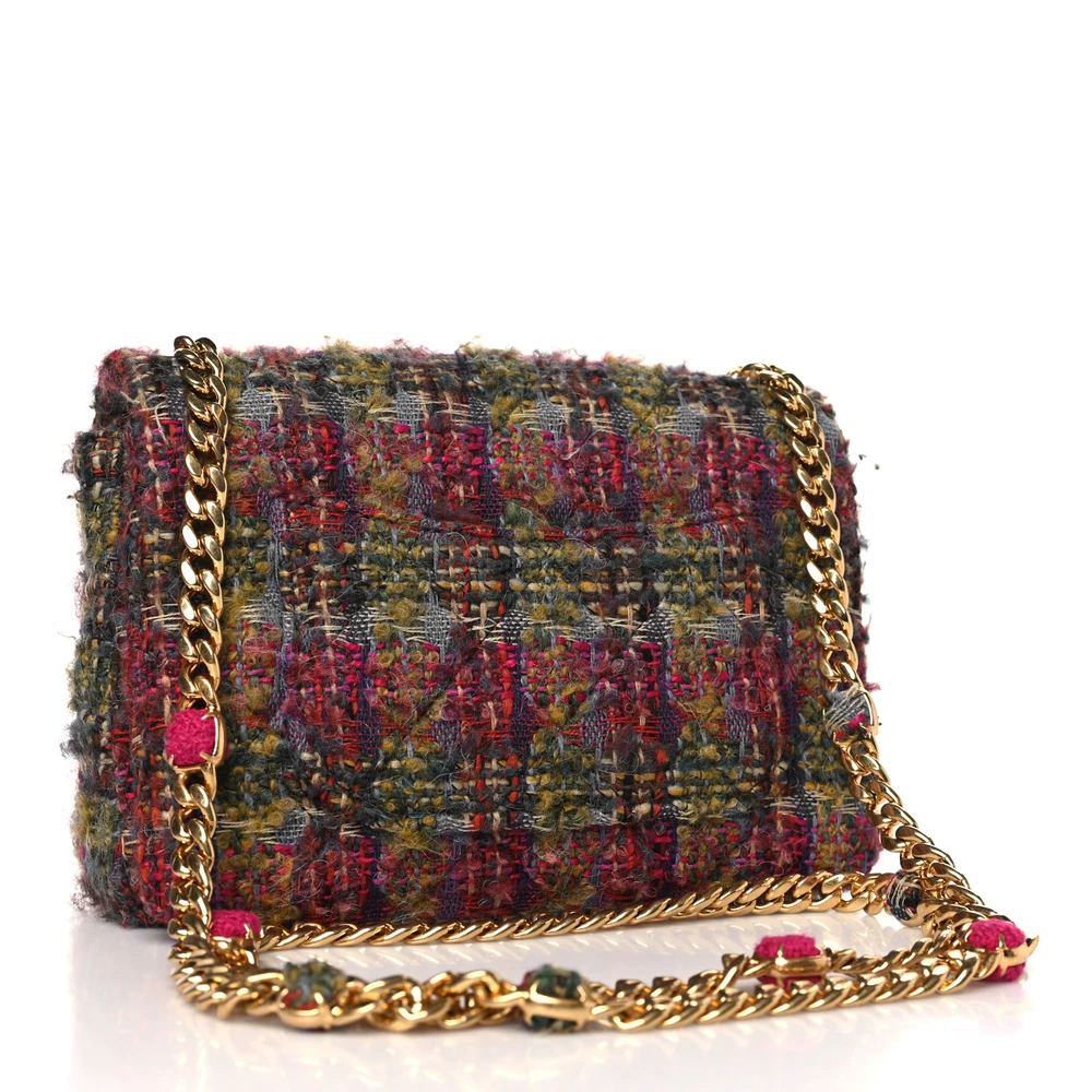 Back view of the Ch@nel multicolor tweed Small Flap Bag quilted and wool with gold-tone hardware