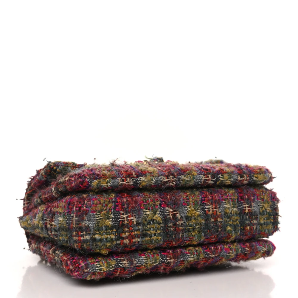 Bottom view of the Ch@nel multicolor tweed Small Flap Bag quilted and wool with gold-tone hardware