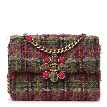 Front view of the Ch@nel multicolor tweed Small Flap Bag quilted and wool with gold-tone hardware